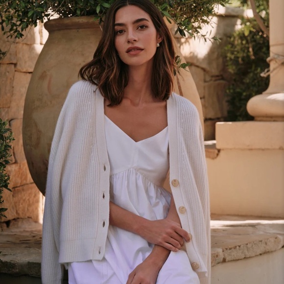 Jenni Kayne Cropped Cashmere Cocoon V Neck Knit Cardigan Sweater Ivory - Picture 8 of 9